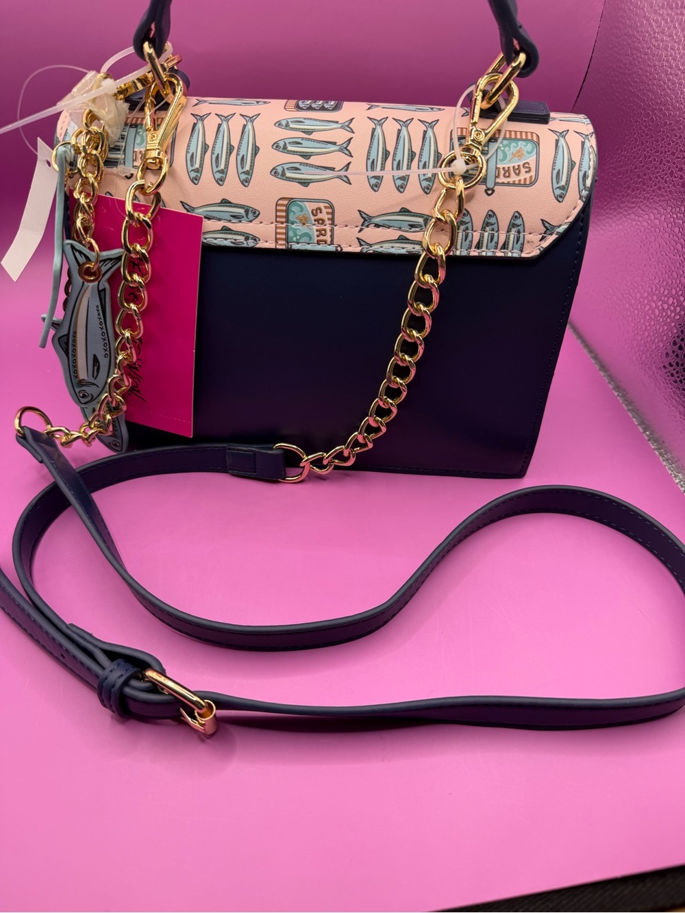 Betsey Johnson Navy and Pink Sardine Print Crossbody NWT - Picture 11 of 11